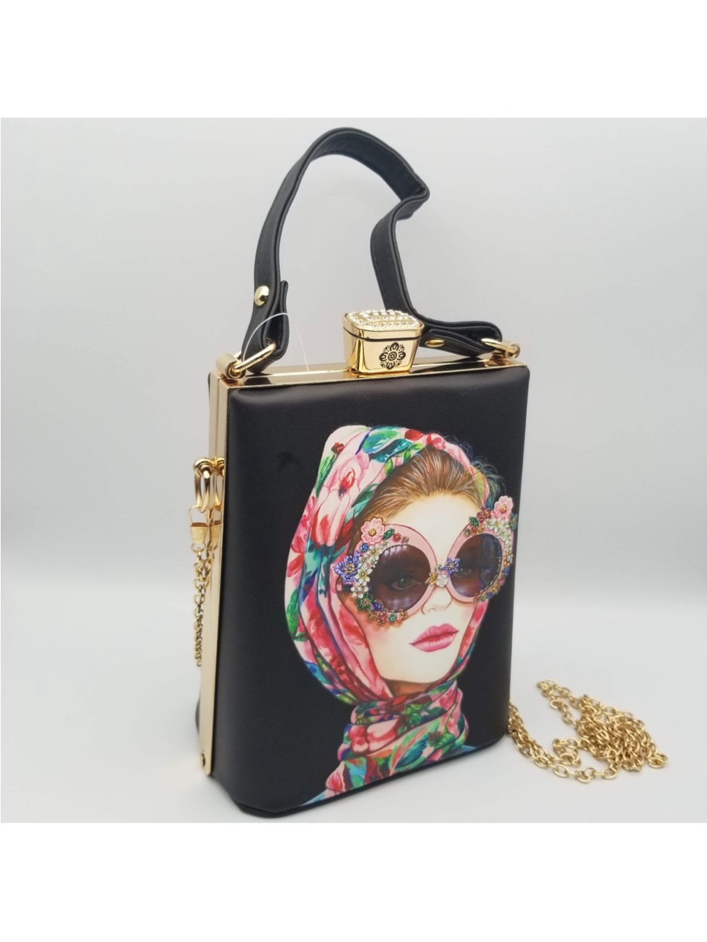 Black Floral-Scarf Portrait Box Bag with Gold Hardware